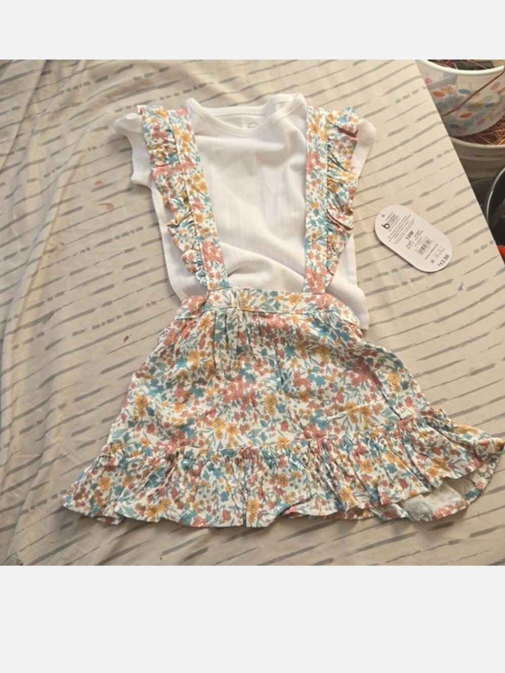 Floral Suspender Skirt with White Ribbed Bodysuit - Peach, Blue, Mustard